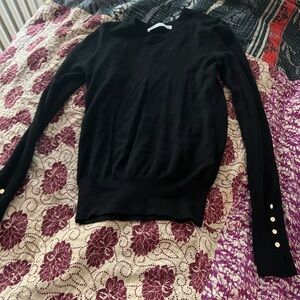 Zara Elegant Black tight knit Sweater with gold Button Accents small